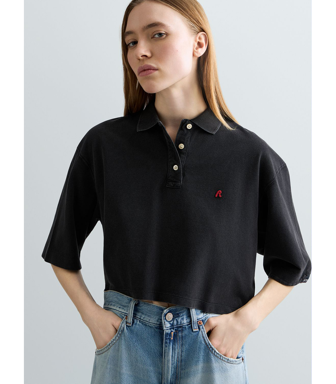 コットンピケクロップドポロシャツ 詳細画像 ブラック 5